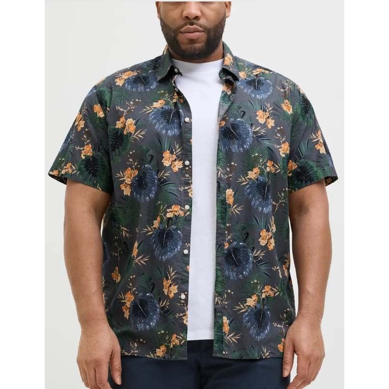 Camicia Taglie Forti Jack Jones manica corta umo in fantasia fiorata grigio