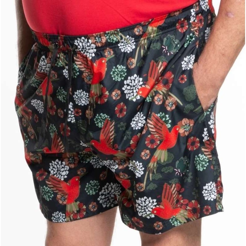 Costumi Taglie forti Maxfort lunghezza ginocchio con retina interna fondo nero e rosso