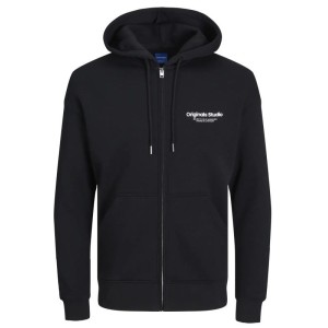 Felpa taglie forti zip intera con cappuccio jack jones in cottone felpato nera con logo
