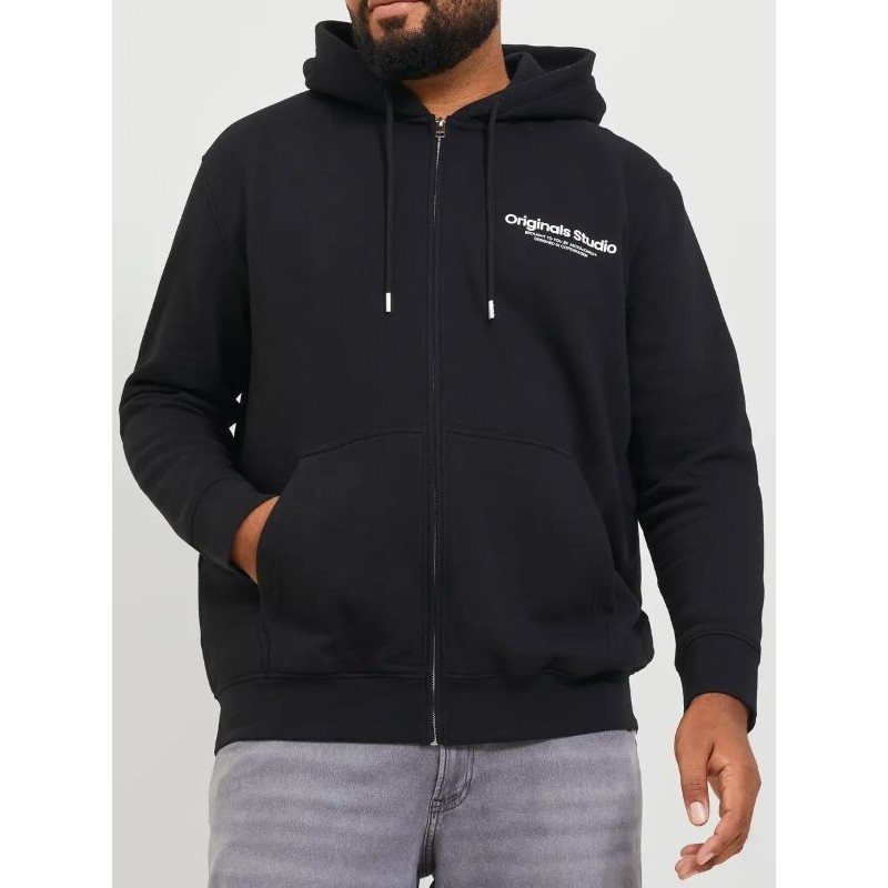 Felpa taglie forti zip intera con cappuccio jack jones in cottone felpato nera con logo