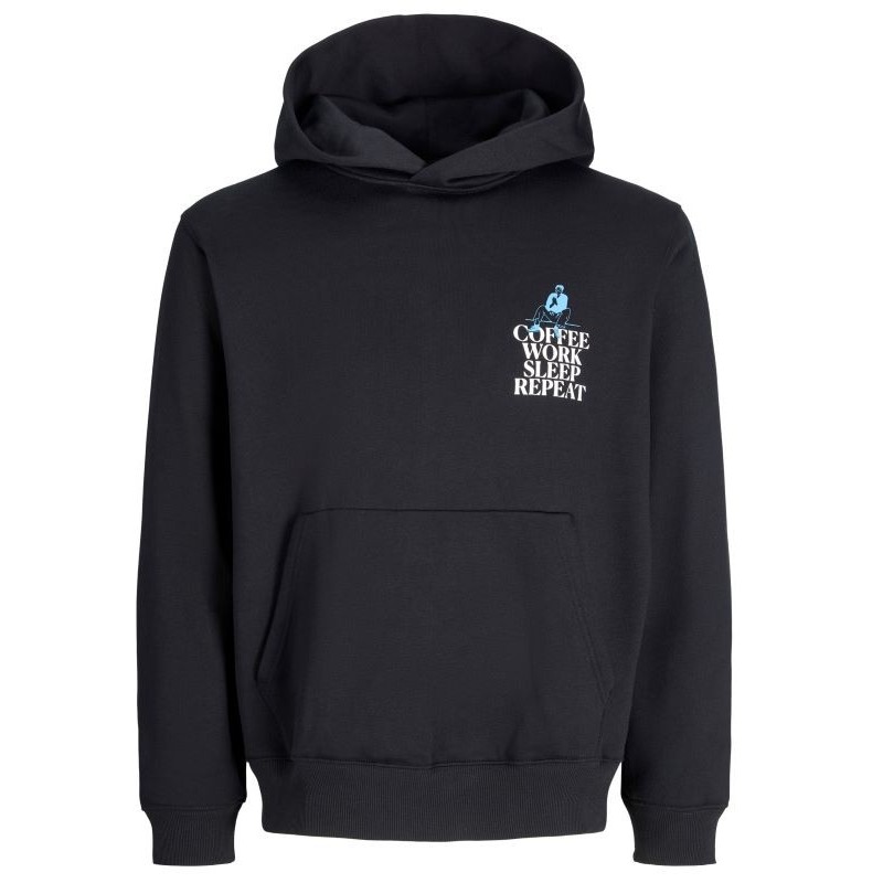Felpa taglie forti con cappuccio jack jones in cotone felpato nero più logo a contrasto