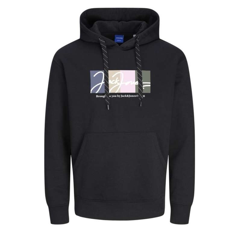 Felpa taglie forti con cappuccio jack jones in cotone felpato con stampa centrale nero