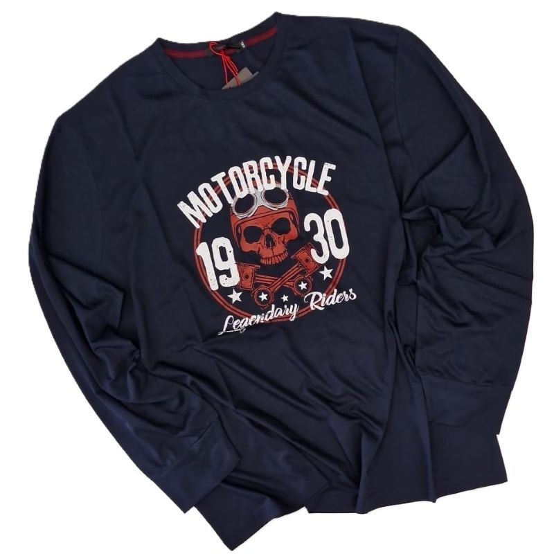 Maxfort maglia Taglie forti girocollo uomo in cotone manica lunga con stampa moto blu