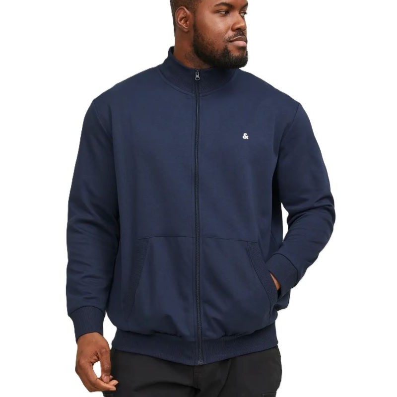 Felpa Jack & Jones taglie forti uomo in blu navy con zip intera e colletto alto, disponibile dalla 3XL alla 8XL.