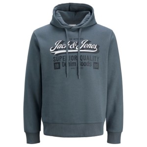 Felpa con cappuccio uomo taglie forti Jack & Jones grigio antracite con stampa frontale, disponibile dalla 3XL alla 8XL.