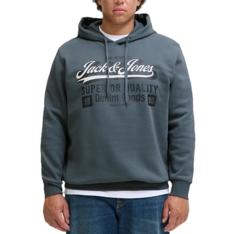 Felpa taglie grandi con cappuccio uomo Jack & Jones grigio con stampa frontale, disponibile dalla 3XL alla 8XL.