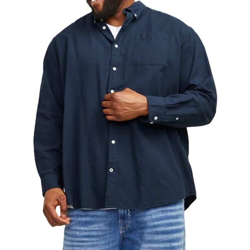 Camicia blu navy Jack & Jones taglie forti uomo in cotone Oxford