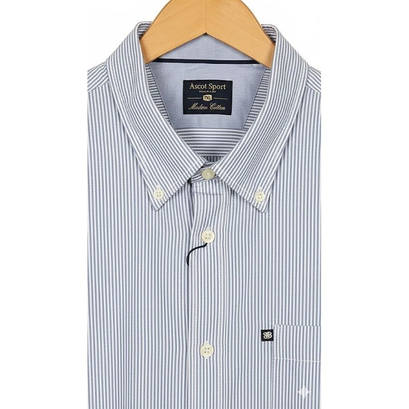 Camicia Ascot Sport celeste righe sottili 3XL-6XL puro cotone.