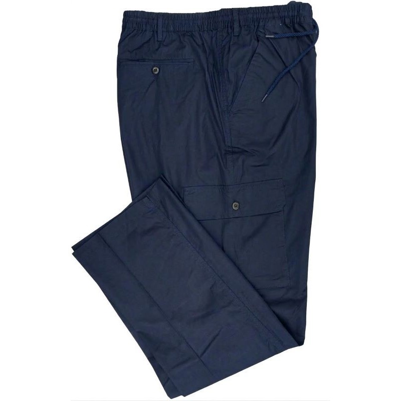 Pantalaccio Sea Barrier blu in puro cotone con tasconi, zip e bottone. Modello Extra Comfort a cavallo alto, taglie forti