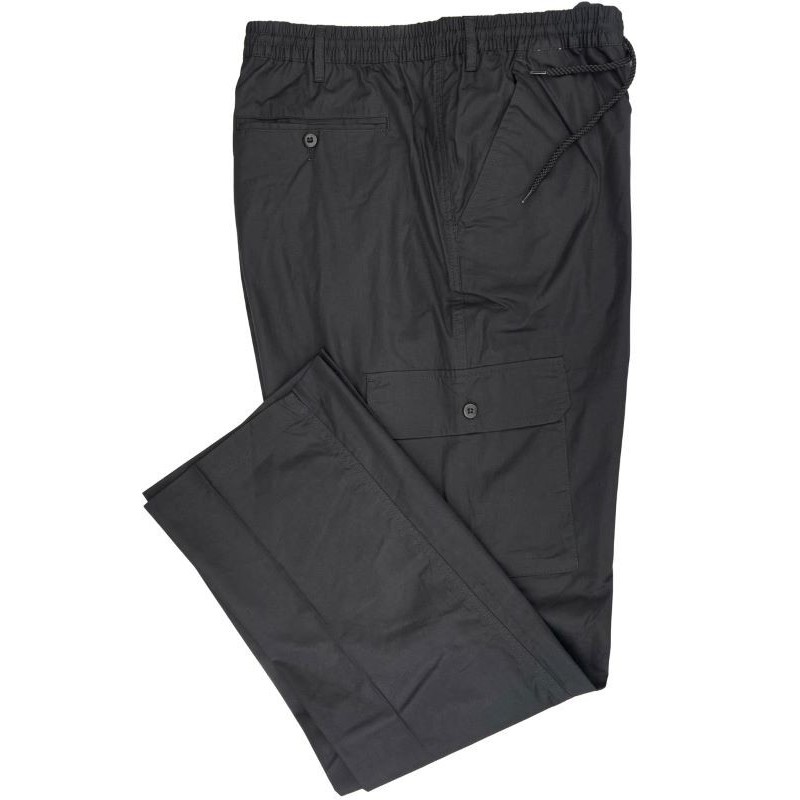 Pantalaccio Nero Sea Barrier taglie forti 3XL-8XL, puro cotone, modello cargo con tasconi, zip e bottone