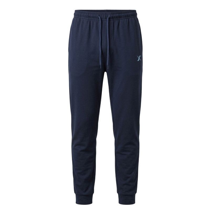 Pantaloni abbigliamento sportivo uomo Maxfort blu navy in cotone garzato con laccetto e logo azzurro chiaro