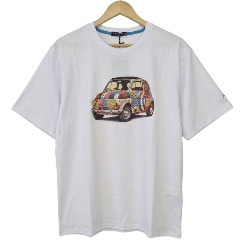 T-shirt bianca taglie forti uomo Maxfort con stampa patchwork auto vintage - dettaglio vestibilità comfort 3XL-8XL
