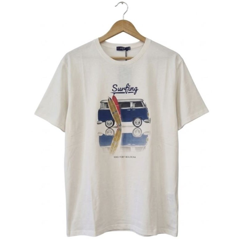 T-shirt bianca taglie forti uomo Maxfort stampa furgoncino surfing vintage cotone 3XL-8XL