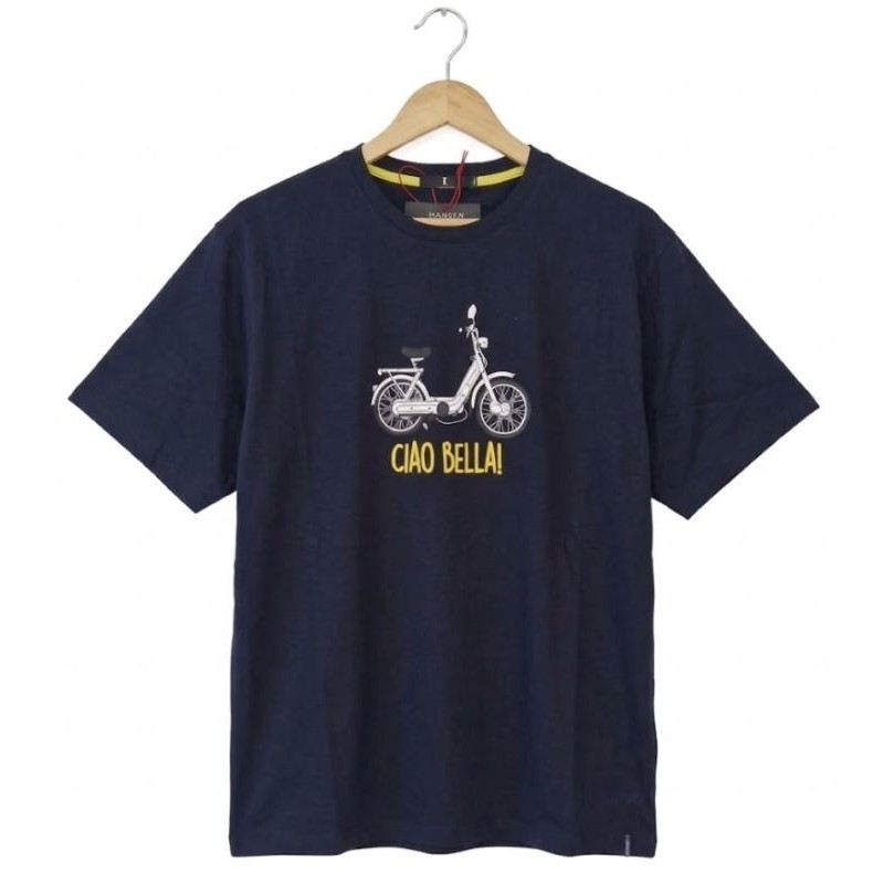 T-shirt blu taglie forti uomo Maxfort Easy stampa moto vintage Ciao Bella cotone 3XL-8XL