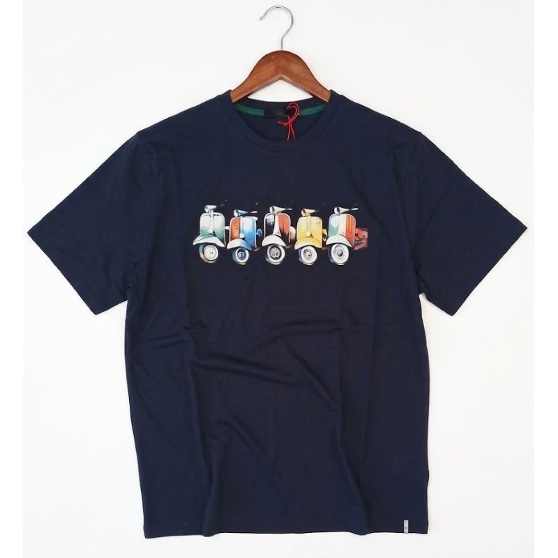 T-shirt uomo taglie forti Maxfort Easy blu con stampa Vespa vintage e tabella misure reali.