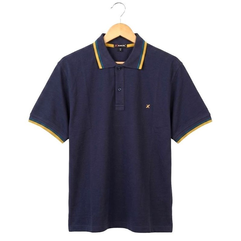 Polo Uomo Color Denim Taglie Forti Maxfort con Bordino Giallo e Verde Vista Frontale