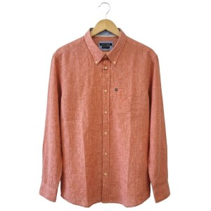 Camicia taglie forti Ascot Sport in misto lino arancio piegata con colletto button-down e taschino sul petto
