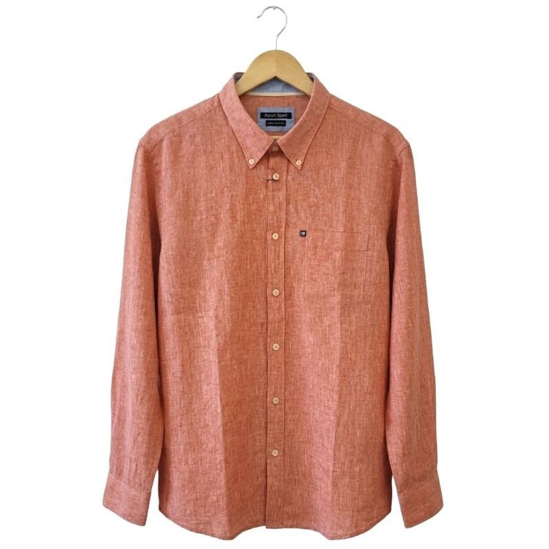 Camicia taglie forti Ascot Sport in misto lino arancio piegata con colletto button-down e taschino sul petto