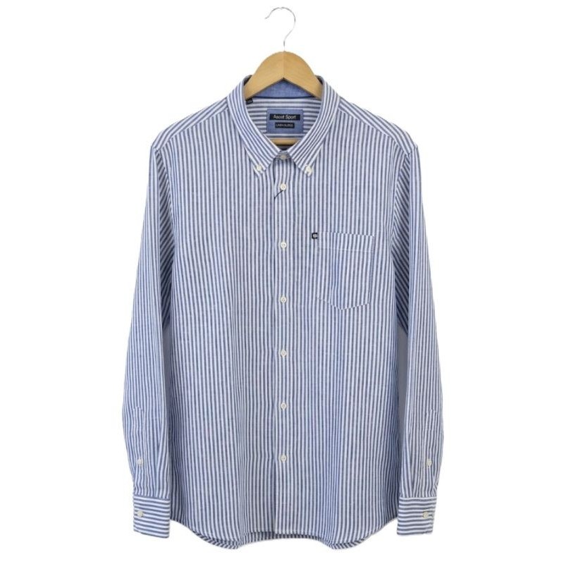 Camicia uomo Ascot Sport a righe verticali blu denim in misto lino, ideale per taglie forti.