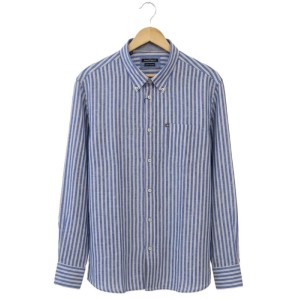 Camicia uomo Ascot Sport azzurro chiaro con righe beige in misto lino, specifica per taglie grandi.