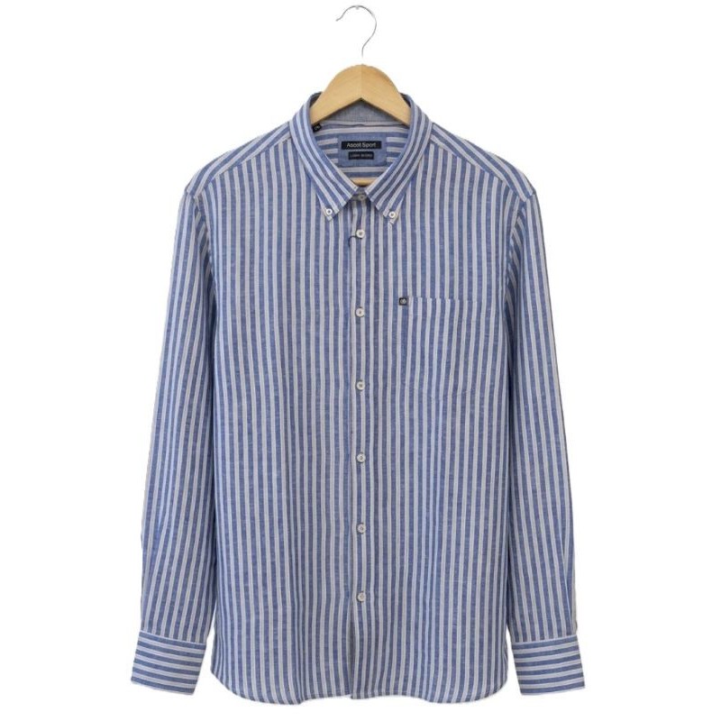 Camicia uomo Ascot Sport azzurro chiaro con righe beige in misto lino, specifica per taglie grandi.