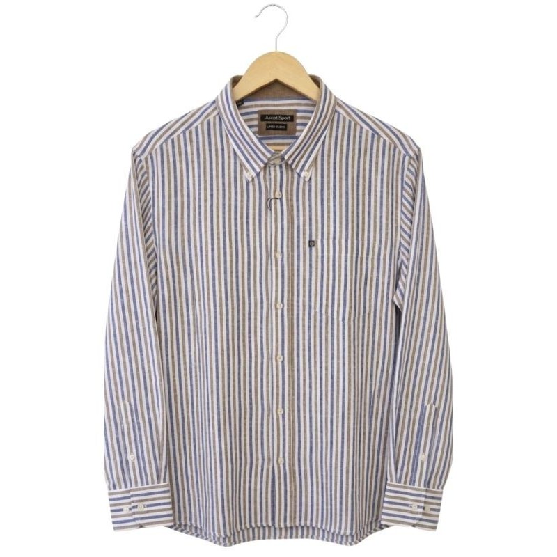 Camicia uomo Ascot Sport a righe blu e testa di moro in misto lino, vestibilità comoda taglie forti